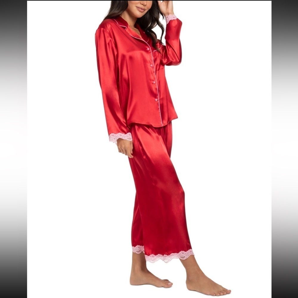Linea Donatella Red Satin Pajama Top w/ Pink Lace Trim Size L NWT - Picture 3 of 4